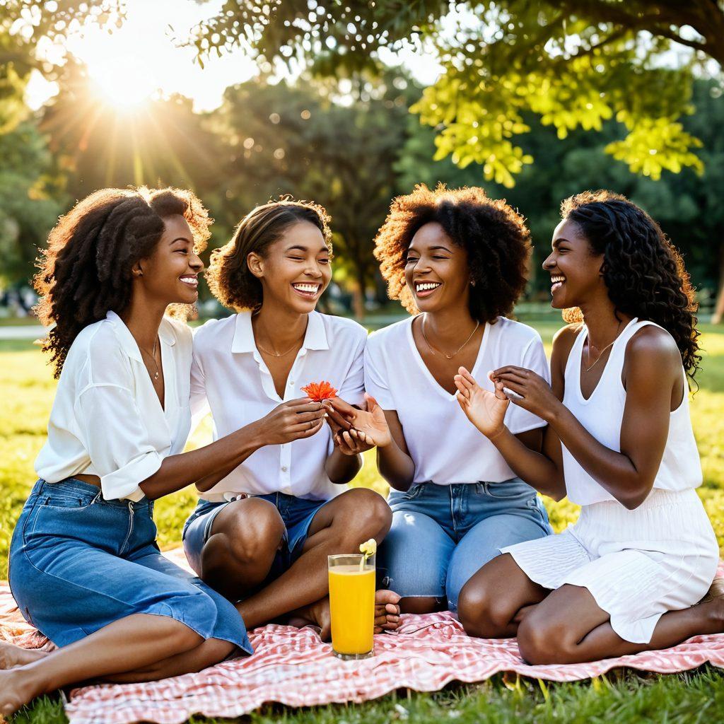 A diverse group of friends and romantic partners laughing and supporting each other in a sunny park, showcasing a blend of emotions like joy, trust, and connection. Include symbols of friendship like heartfelt notes, intertwined hands, and shared activities like picnicking. The background features blooming flowers and a soft sunset, radiating warmth and positivity. super-realistic. vibrant colors. natural setting.