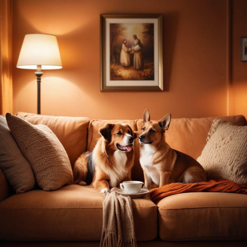A cozy living room scene with two people sitting together on a comfortable sofa, sharing a warm laugh over a steaming cup of tea. Soft, warm lighting bathes the room, accented by family photos on the walls, and a small dog curled up at their feet. The atmosphere radiates love and connection, symbolizing togetherness and intimacy. realistic. warm colors. inviting atmosphere.