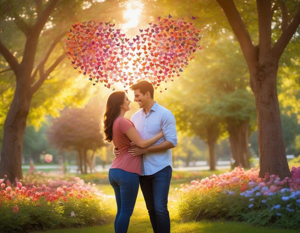 A warm and inviting scene featuring two lovers and two friends sharing laughter and joy in a sunlit park. Background filled with heart-shaped trees and colorful flowers, symbolizing love and friendship. Soft rays of sunset light are illuminating their faces, showcasing genuine connection and happiness. Add birds in the sky and a whimsical touch with butterflies fluttering around. vibrant colors. super-realistic. soft focus.